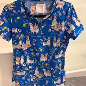 Cherokee Blue Scrub Top with Multicolor Llama Print